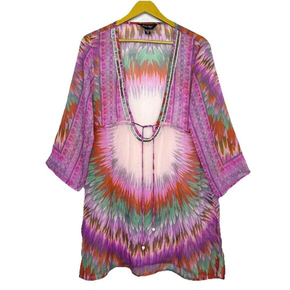 Y2K Womens Sheer Beaded Tunic Top L/XL Fairy Festival Boho Artsy Indie Resort - Picture 1 of 11